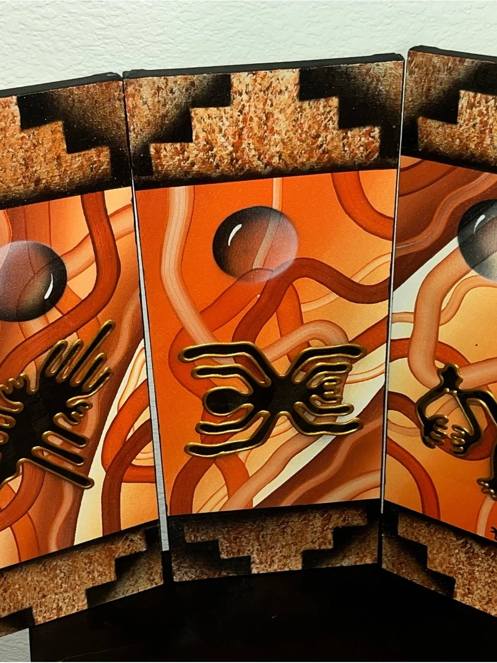 Original Peruvian Triptych Artist Signed Orange/Black/Gold Paint on Canvas 7x21